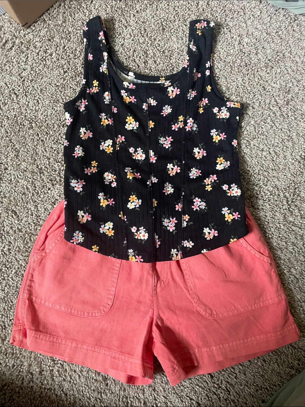 Black Floral Ribbed Tank Top with Coral Shorts